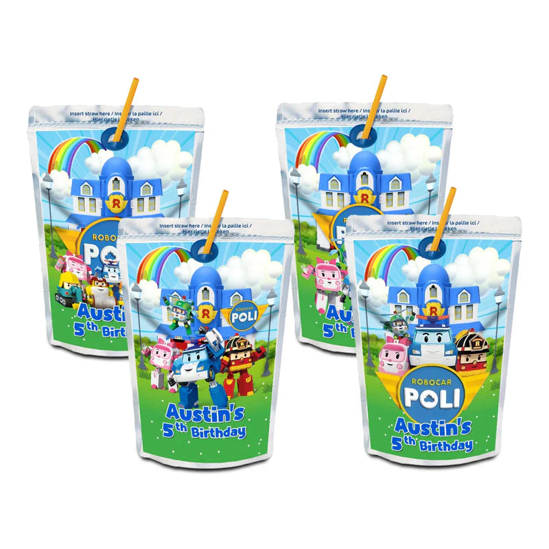 Robocar POLI juice pouch label template with fun graphics and vibrant text area on white surface