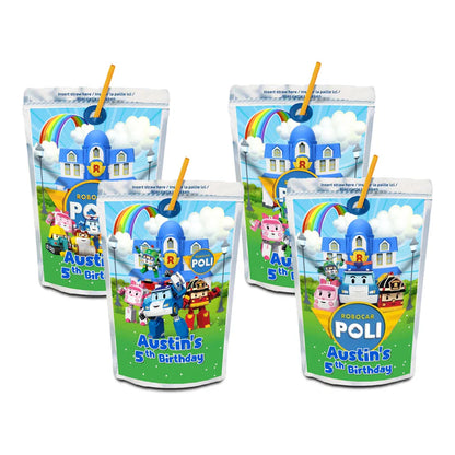 Robocar POLI juice pouch label template with fun graphics and vibrant text area on white surface