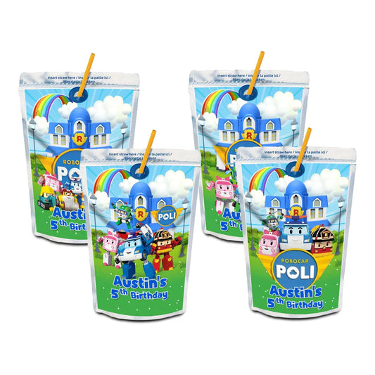 Robocar POLI juice pouch label template with fun graphics and vibrant text area on white surface