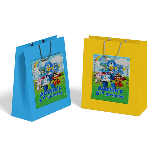 Robocar POLI goodie bag labels in character style with bright color blocks and clean layout