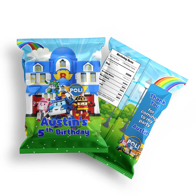 Robocar POLI chips bag labels with bold character layout and editable birthday message area