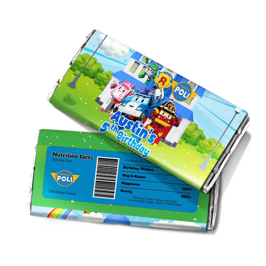 Robocar POLI chocolate bar label with matching wrapper design and colorful accents on flat lay