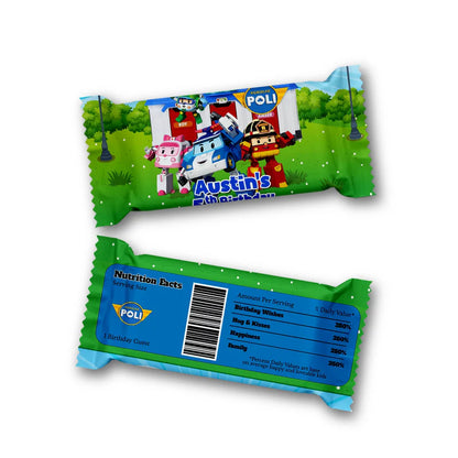 Robocar POLI Rice Krispies and candy bar labels with matching theme design in bold colors