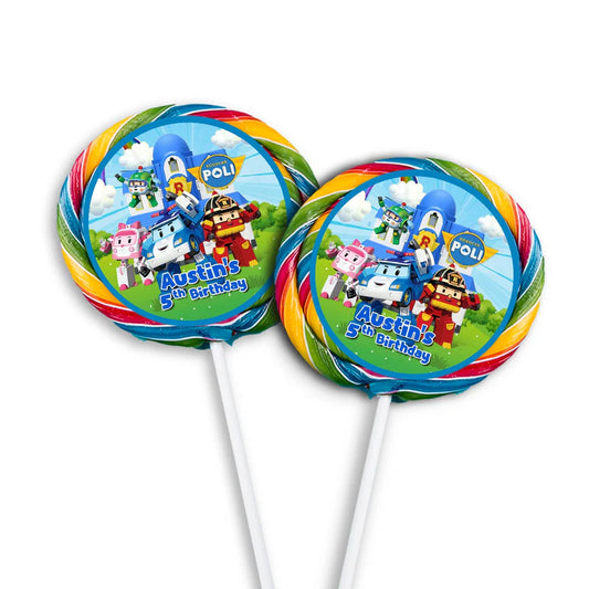 Robocar POLI lollipop labels with round design and character theme in bright tones