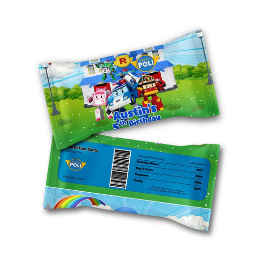 Robocar POLI Skittles label template with small rectangle design and themed graphics