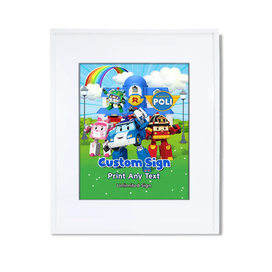 Robocar POLI custom party sign with editable message and cartoon design on a clean backdrop