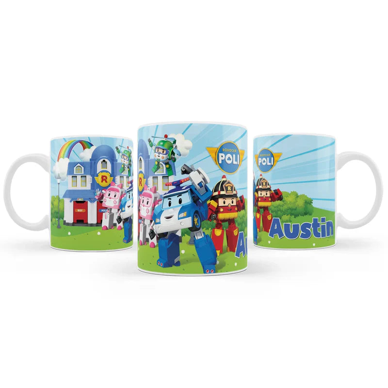 Robocar POLI sublimation mug with printed wrap design and cartoon elements on a white ceramic mug