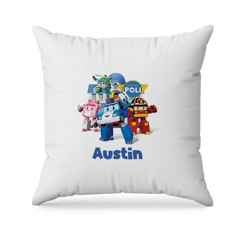 Robocar POLI sublimation pillowcase with bold print layout and full-color character illustration
