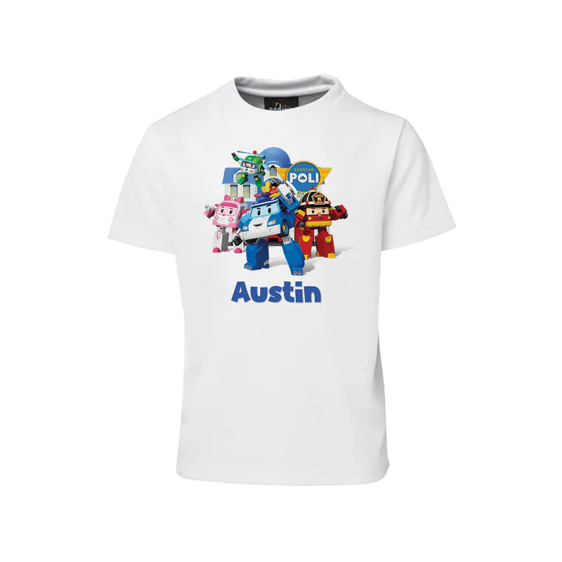 Robocar POLI sublimation T-shirt with center chest cartoon design on white cotton fabric