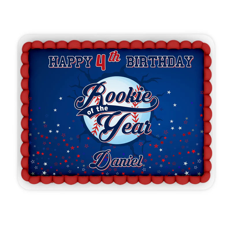 rookie of the year edible sheet cake topper with baseball theme