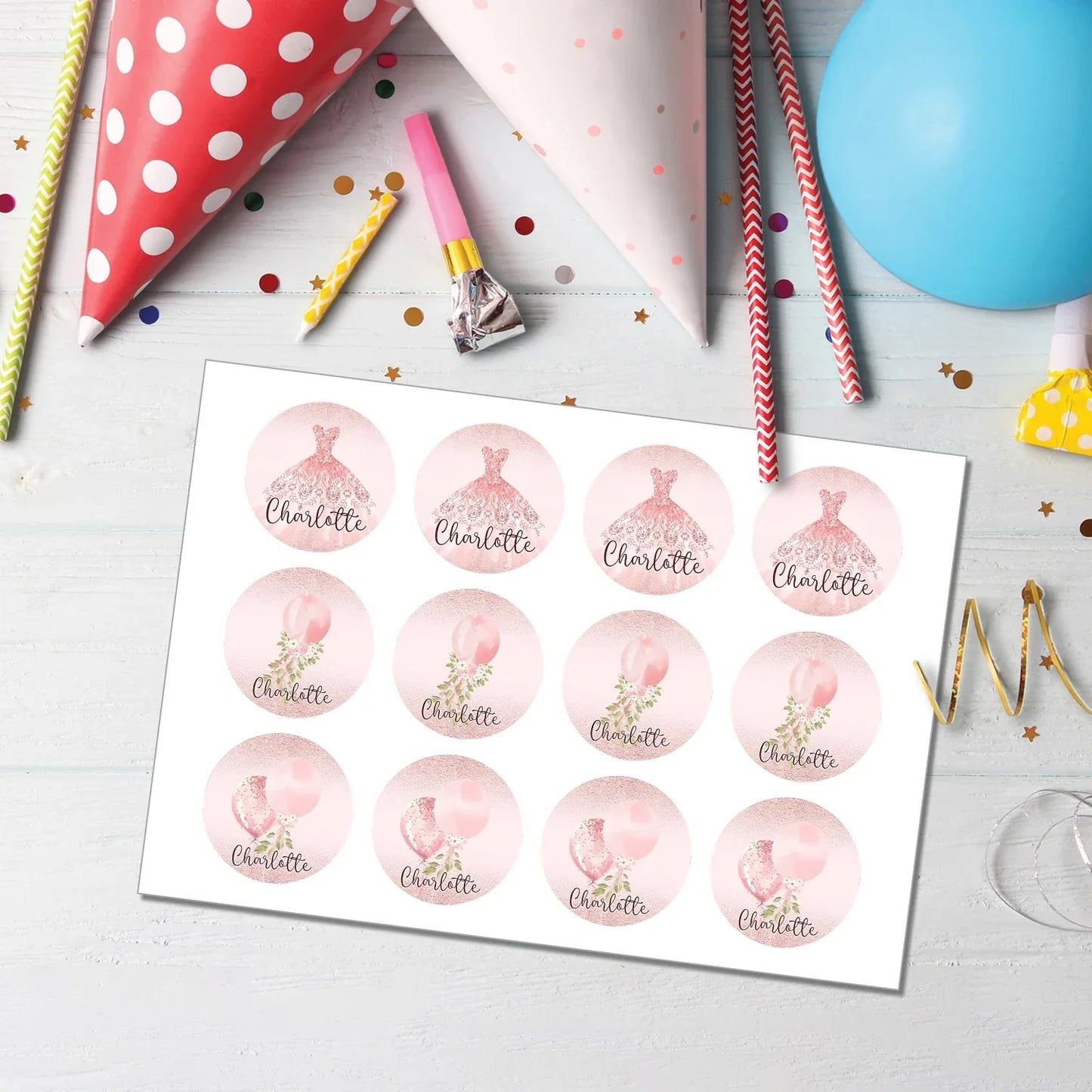 Rose Gold Personalized Cupcake Toppers - Birthday Party Decoration
