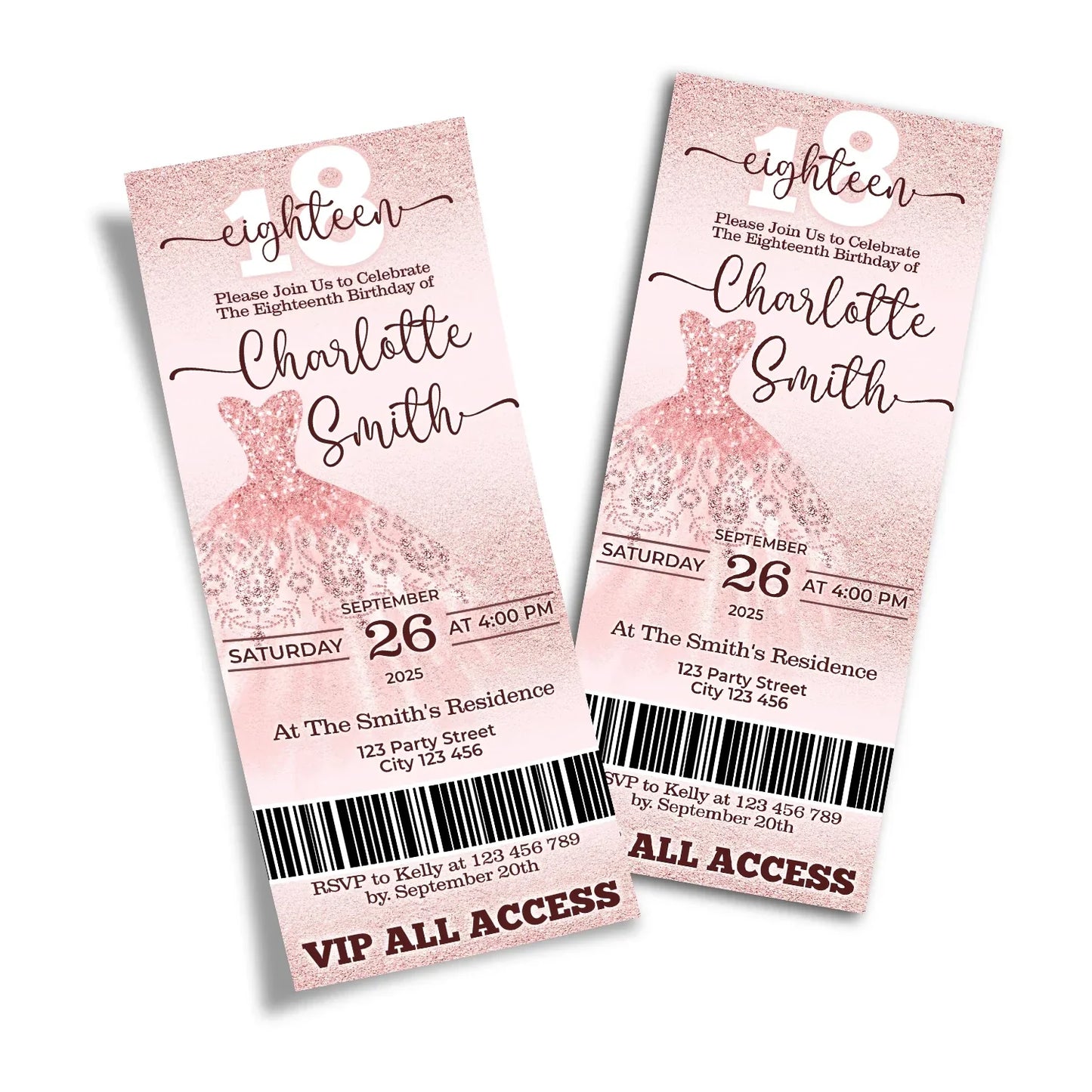 Rose Gold Personalized Birthday Ticket Invitations ticket-style invites for themed birthday parties