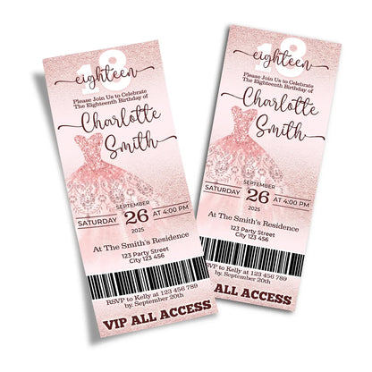 Rose Gold Personalized Birthday Ticket Invitations ticket-style invites for themed birthday parties