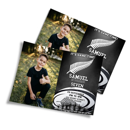 Rugby NZ Personalized Photo Card Invitations featuring custom photos and text