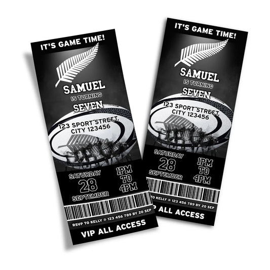 Rugby NZ Personalized Birthday Ticket Invitations styled for sports fans