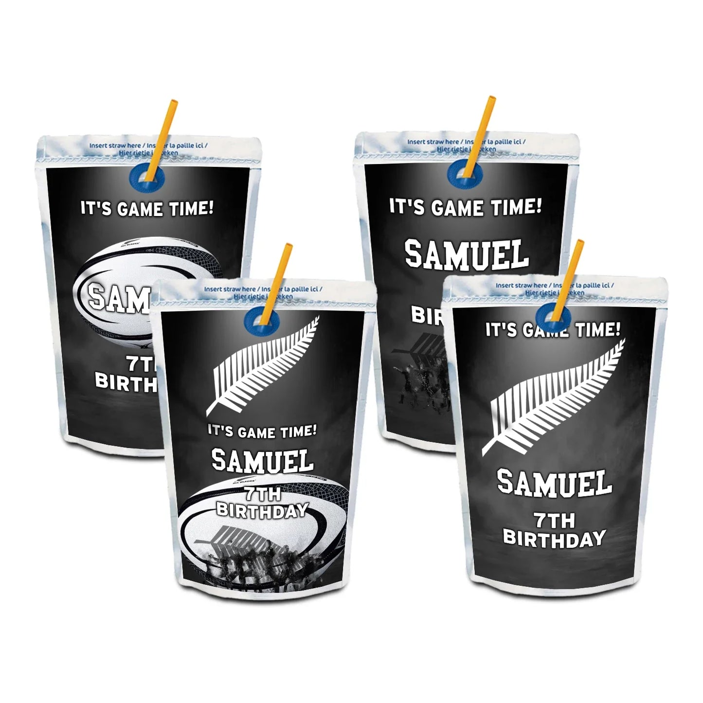 Rugby NZ Juice Pouch Label featuring custom text and sporty themes