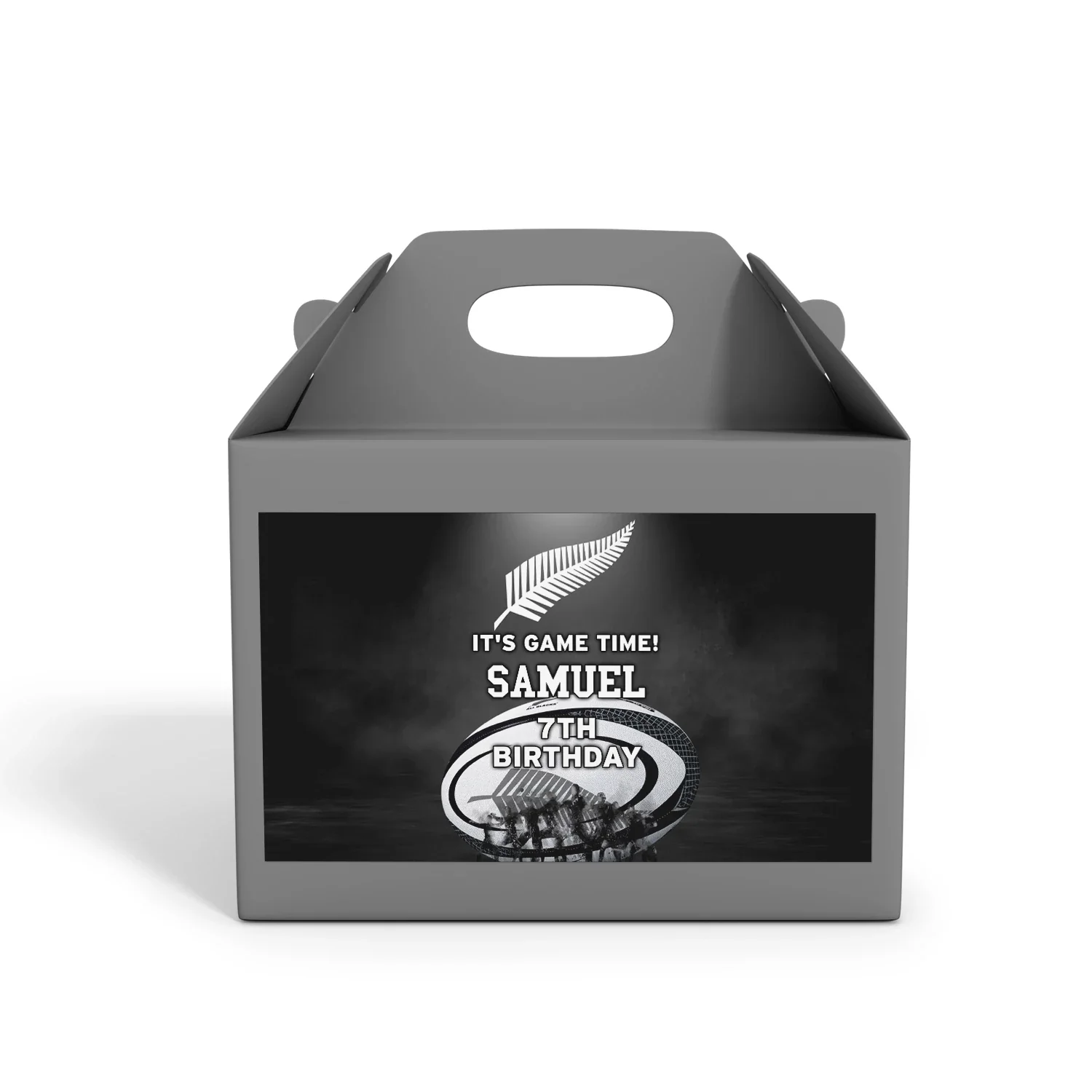 Rugby NZ Treat Box Label with personalized rugby-inspired designs