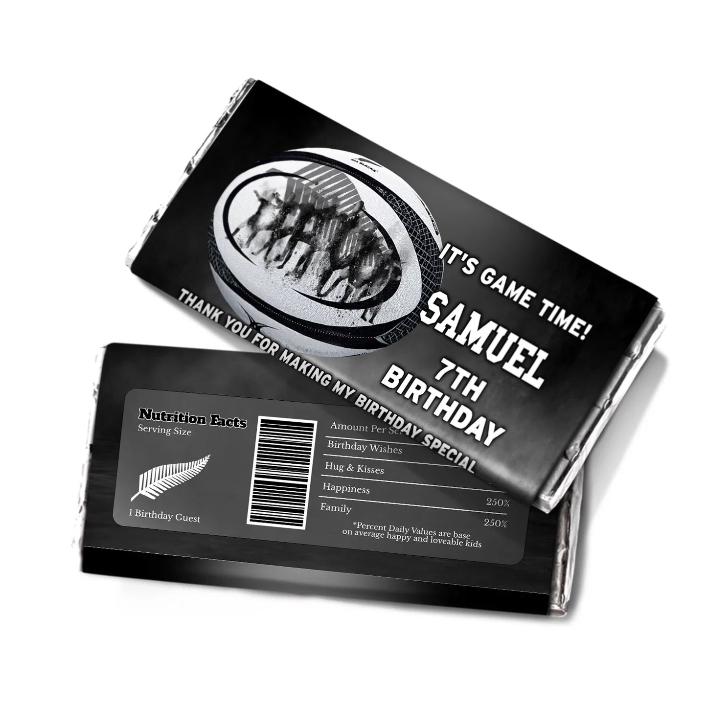 Rugby NZ Chocolate Label with custom text and rugby-inspired designs