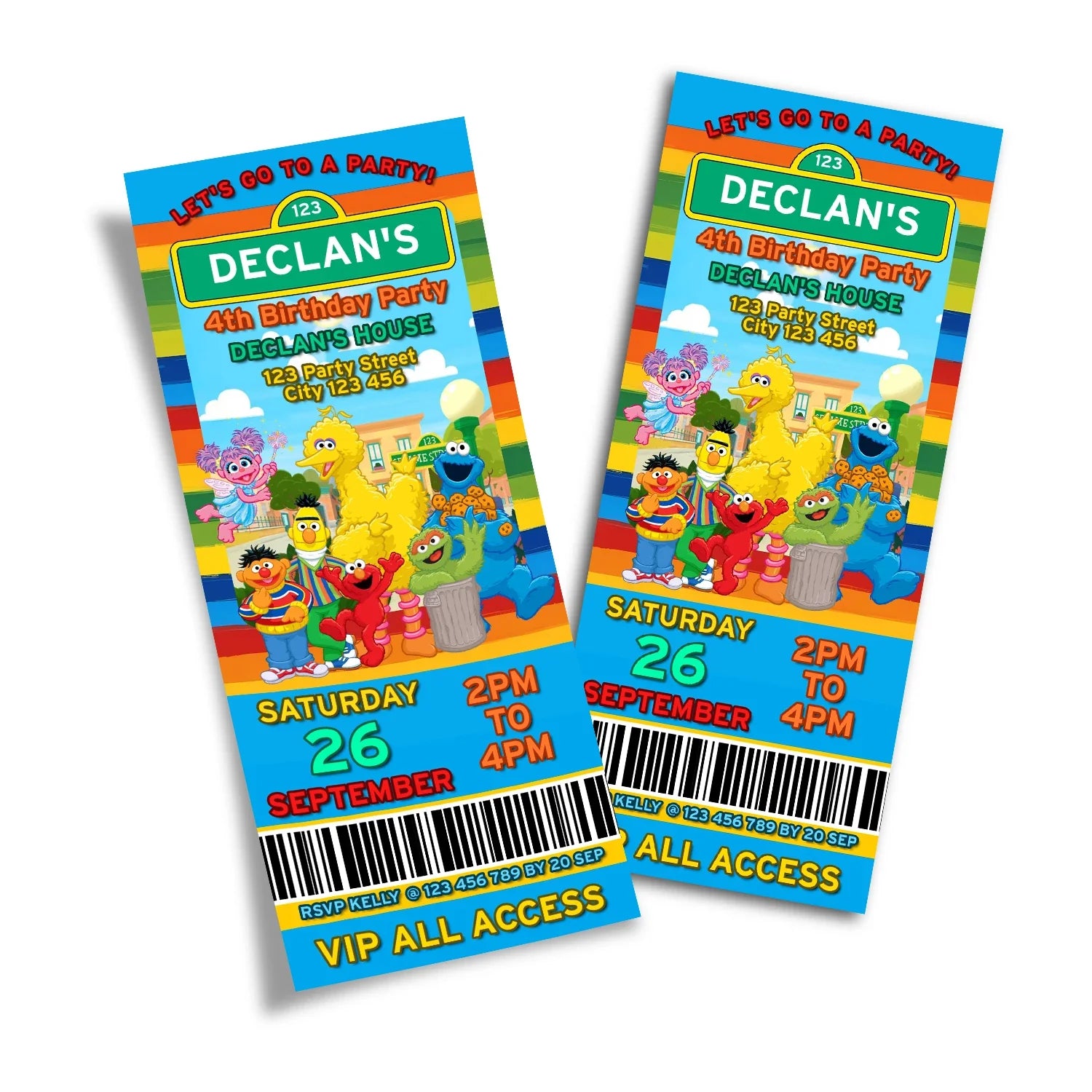 Personalized Birthday Ticket Invitations Featuring Sesame Street Characters