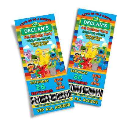 Personalized Birthday Ticket Invitations Featuring Sesame Street Characters