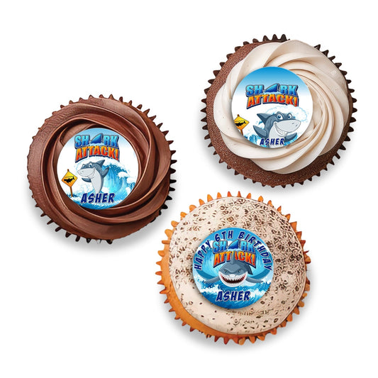 Shark-themed personalized cupcake toppers for parties