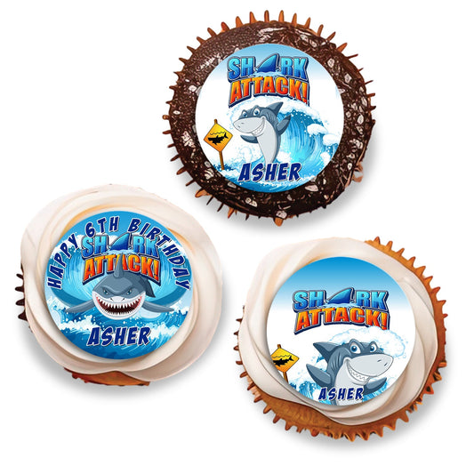 Shark-themed personalized cupcake toppers for parties