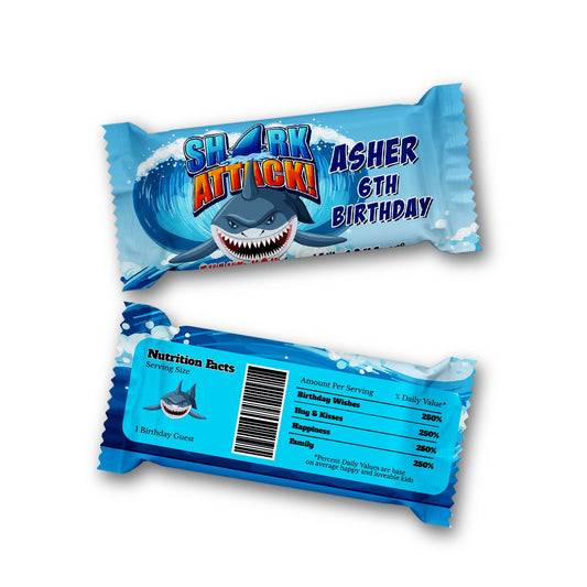 Shark-themed labels for Rice Krispies Treats and candy bars
