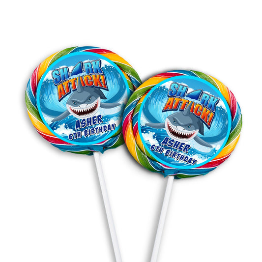 Personalized shark lollipop labels for sweet party favors