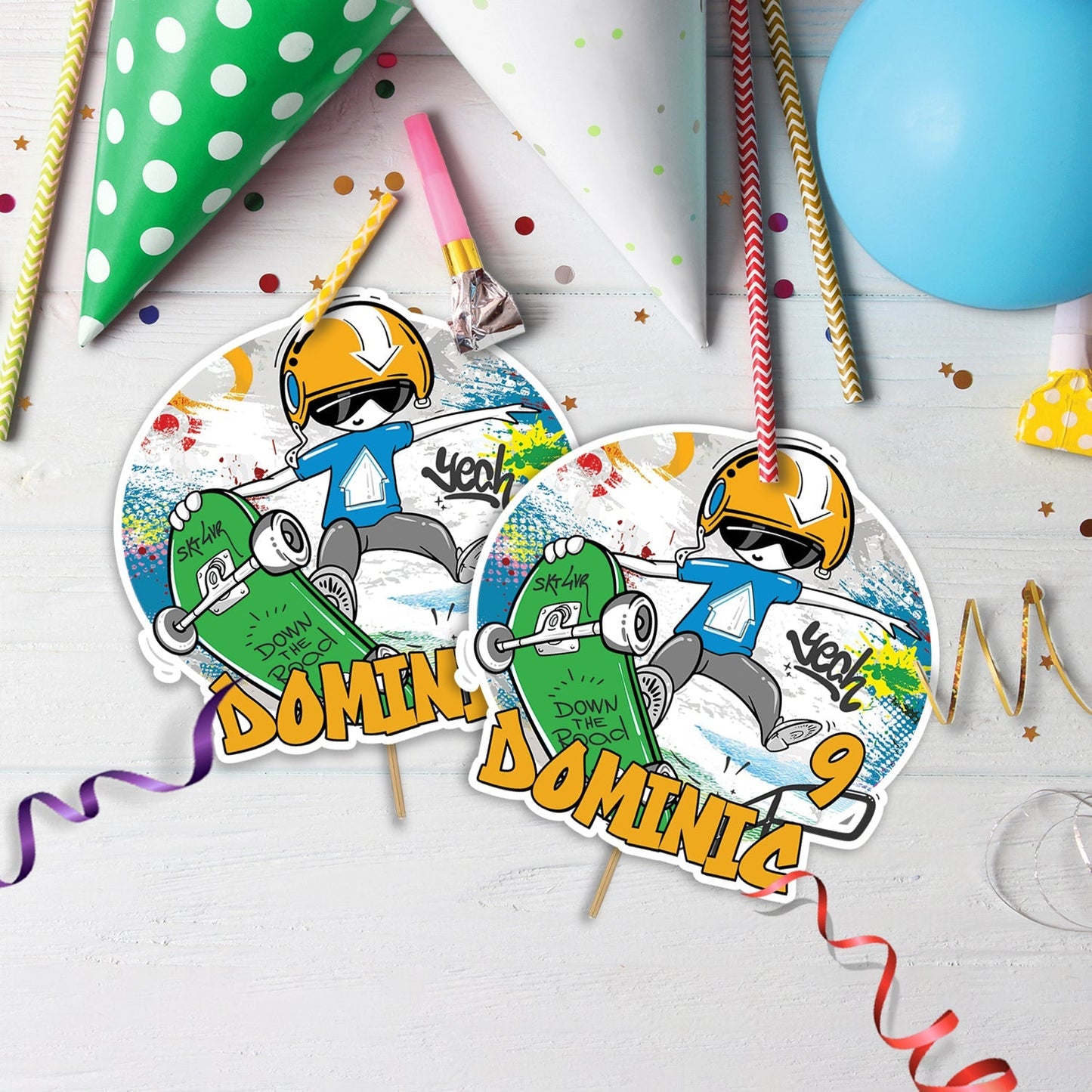 Skateboard Birthday Decorations, Skateboarding Party Supplies, Skatepark Themed, Skating Boys and Girls Digital Template, Editable Skateboard Image SVG PNG