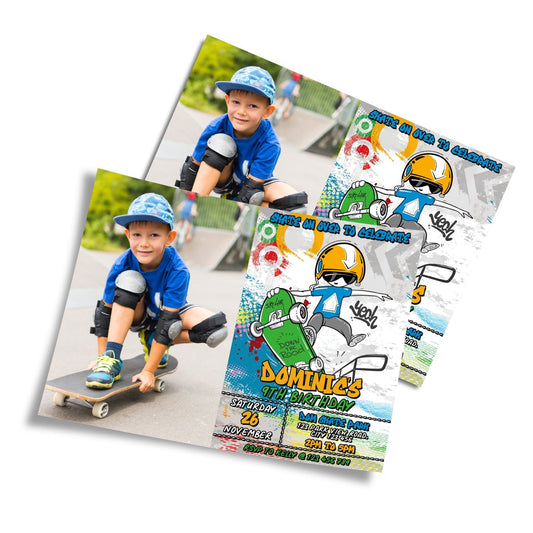 Personalized photo card invitations with skateboard theme