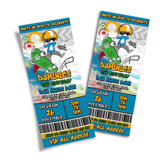 Personalized skateboard birthday ticket invitations