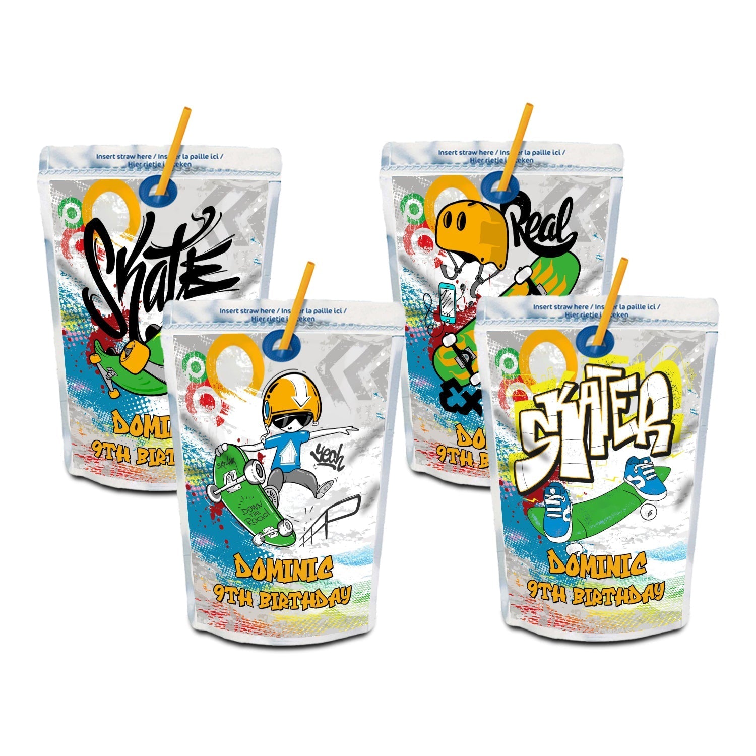 Juice pouch label featuring skateboard theme