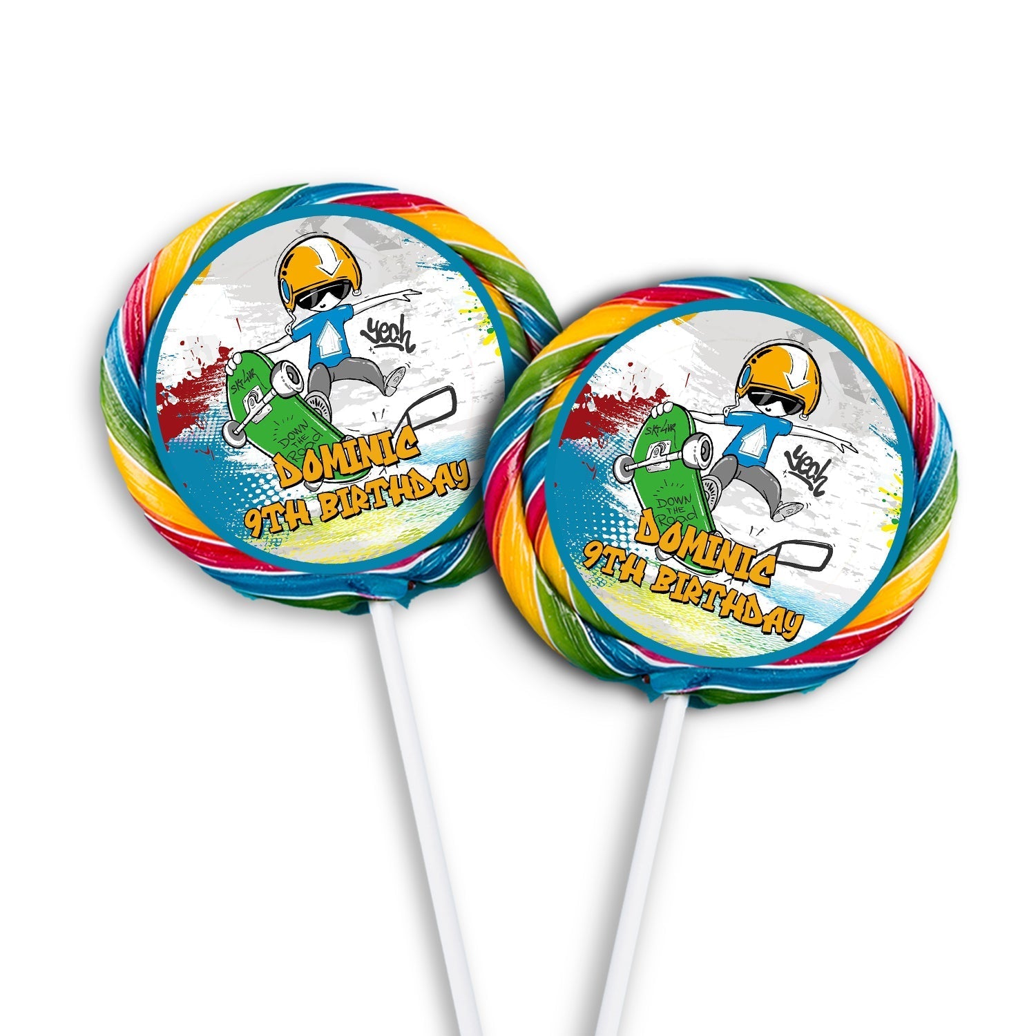 Lollipop label with personalized skateboard design