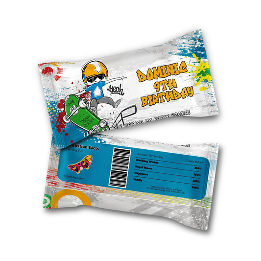 Skittles label featuring skateboard theme