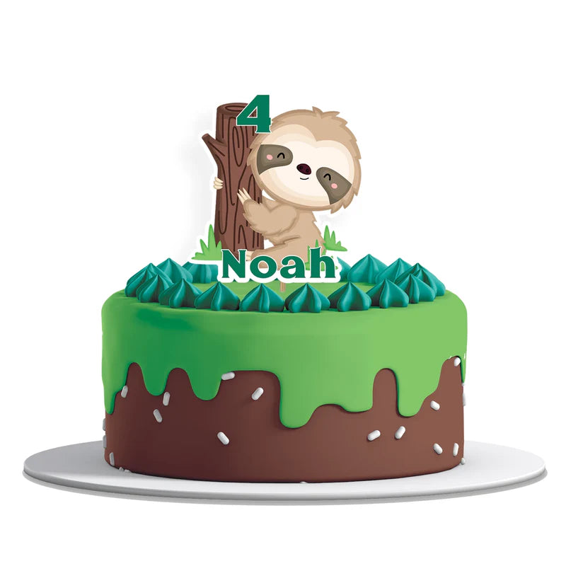 Sloth personalized cake toppers with cartoon sloth characters on white background