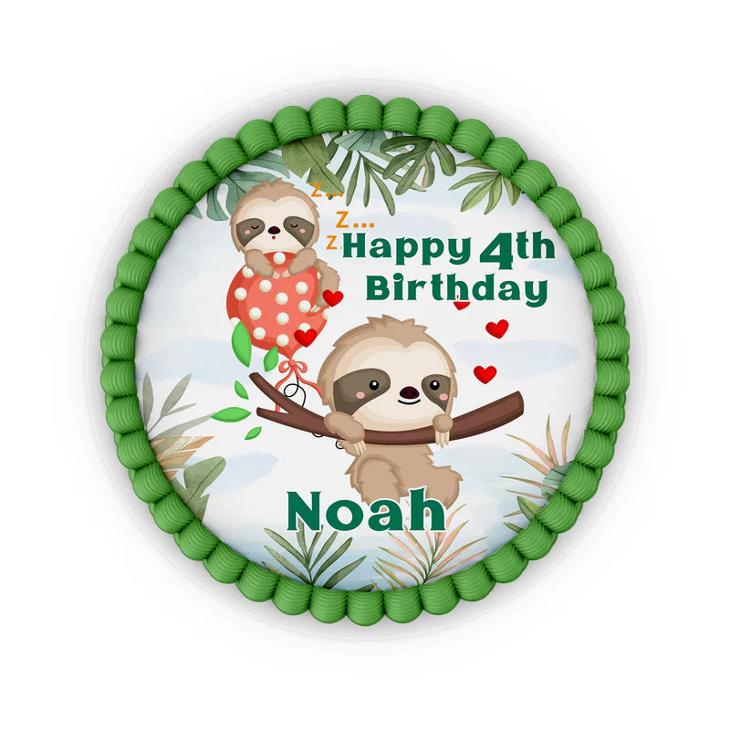 Sloth personalized edible icing cake images with sloth design printed on white background