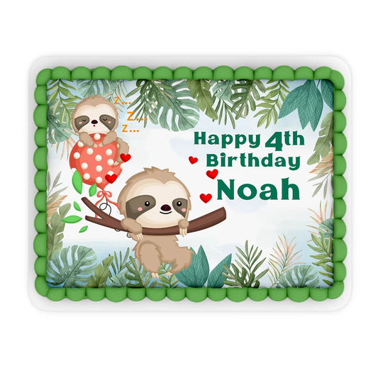Sloth personalized edible sheet cake images with sloth pattern flat lay on white background