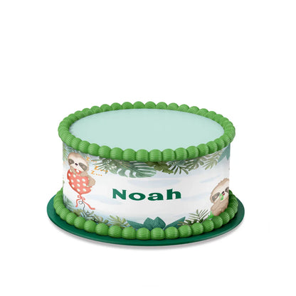 Sloth personalized edible cake strips with cute animal design on white background