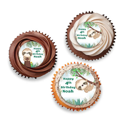Sloth personalized cupcake toppers with cute sloth design on white background