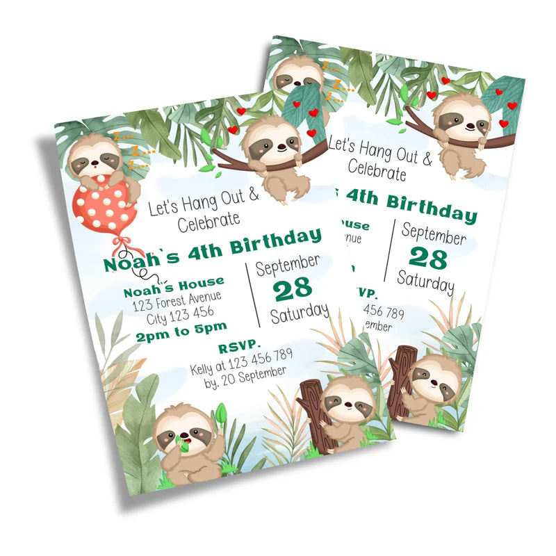 Sloth personalized birthday card invitations with cartoon sloth theme on white background