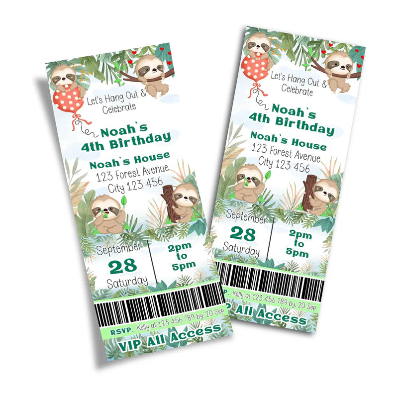 Sloth personalized birthday ticket invitations with cute sloth theme on white background