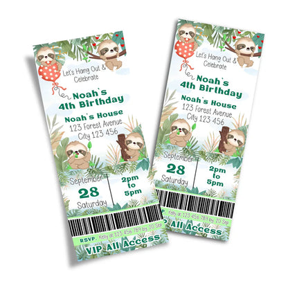 Sloth personalized birthday ticket invitations with cute sloth theme on white background