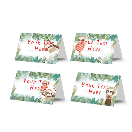 Sloth food cards with sloth themed design flat lay on white background