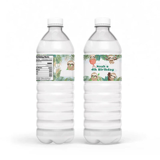 Sloth personalized water bottle label with sloth design on white background