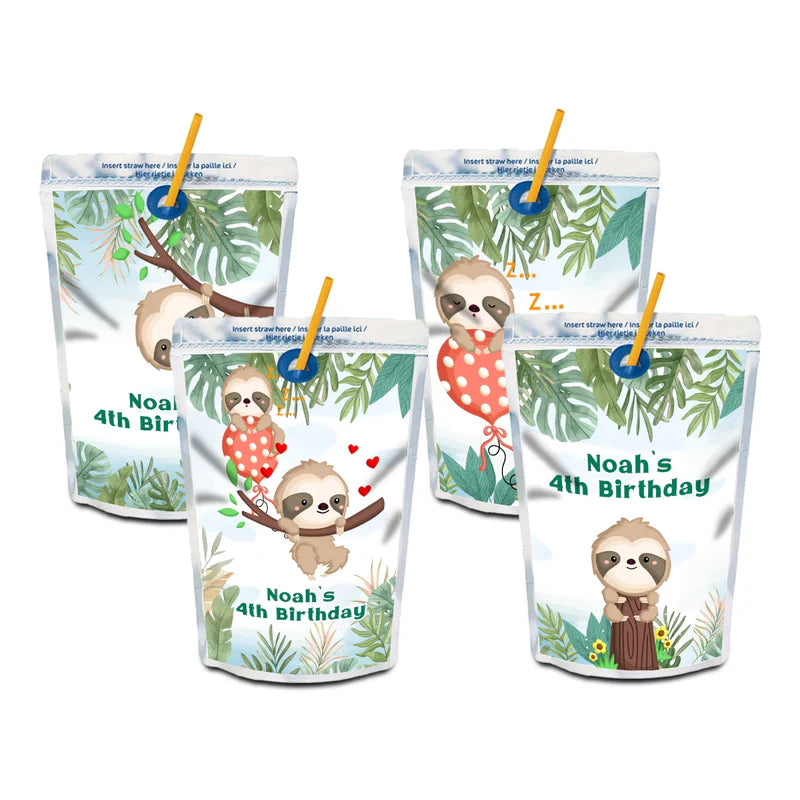 Sloth juice pouch label with cartoon sloth design flat lay on white background