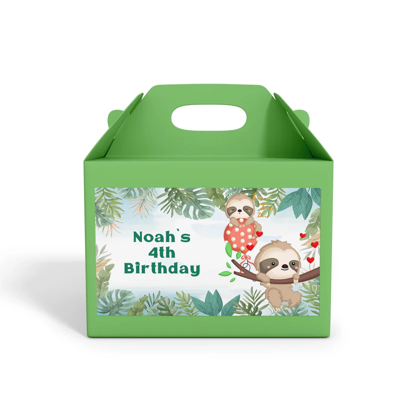 Sloth treat box label with playful sloth design on white background
