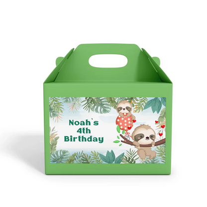 Sloth treat box label with playful sloth design on white background