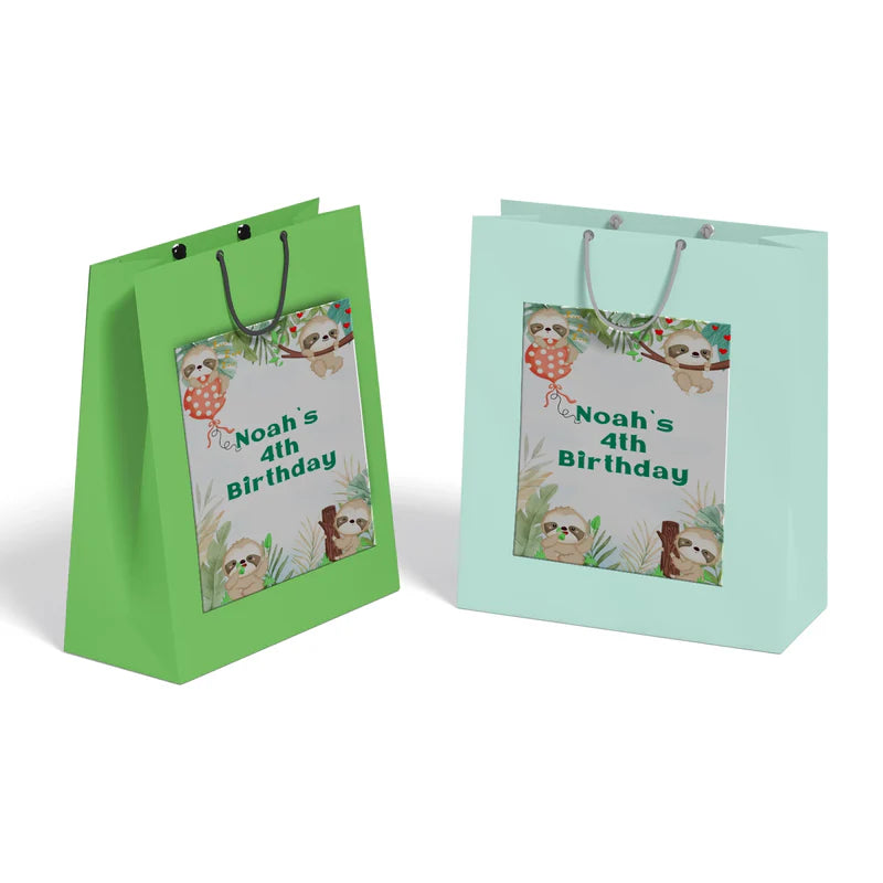 Sloth goodie bag label with cartoon sloth theme flat lay on white background