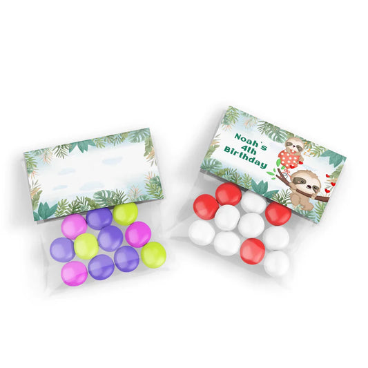 Sloth treat bag topper label with sloth party design on white background