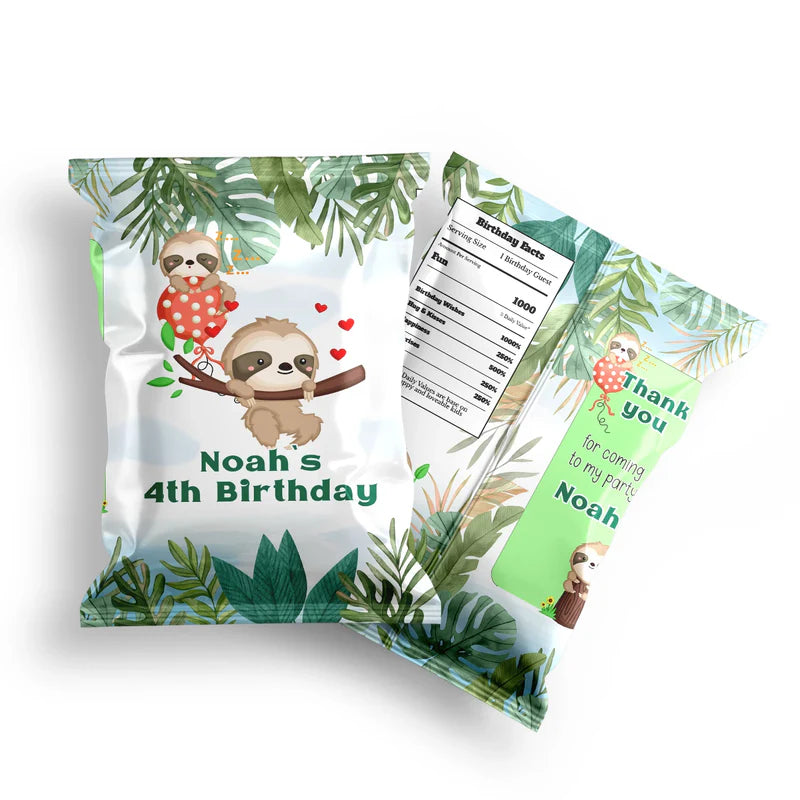 Sloth chips bag label with fun cartoon sloth design flat lay on white background